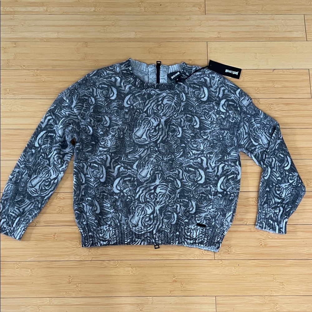 Just Cavalli Black and Gray Patterned Crewneck Sweater small NWT Zipper Back